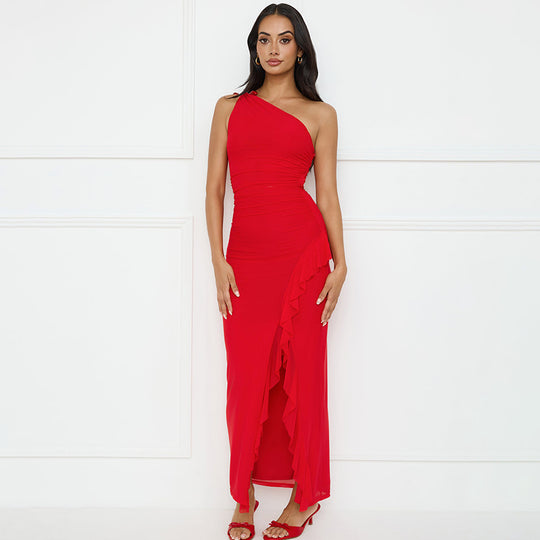 Damen Asymmetrisches Maxikleid mit Rüschendetails Heidi-Mode