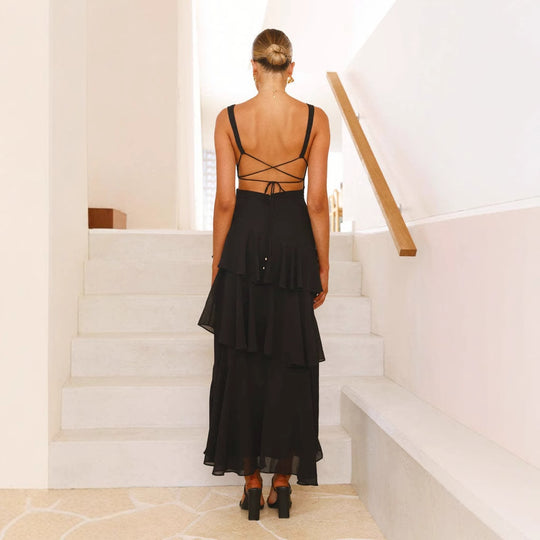 Damen Maxi-Kleid mit eleganten Volants und tiefem V-Ausschnitt Heidi-Mode