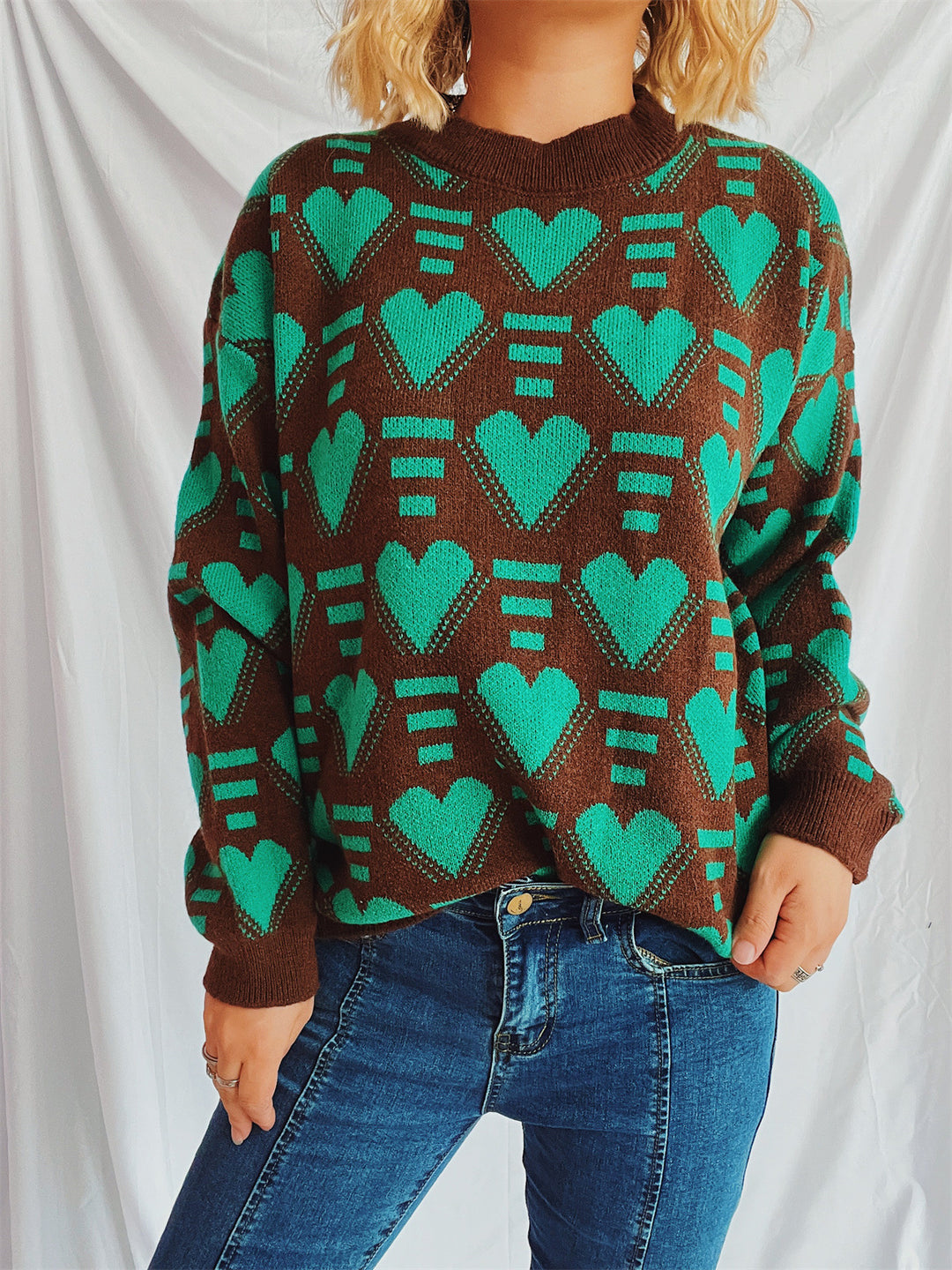 Damen gestrickter Pullover im modernen Herzdesign mit weitem Schnitt Heidi-Mode