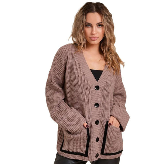 Damen Grobstrickjacke mit großen Taschen und dekorativem Knopf Heidi-Mode