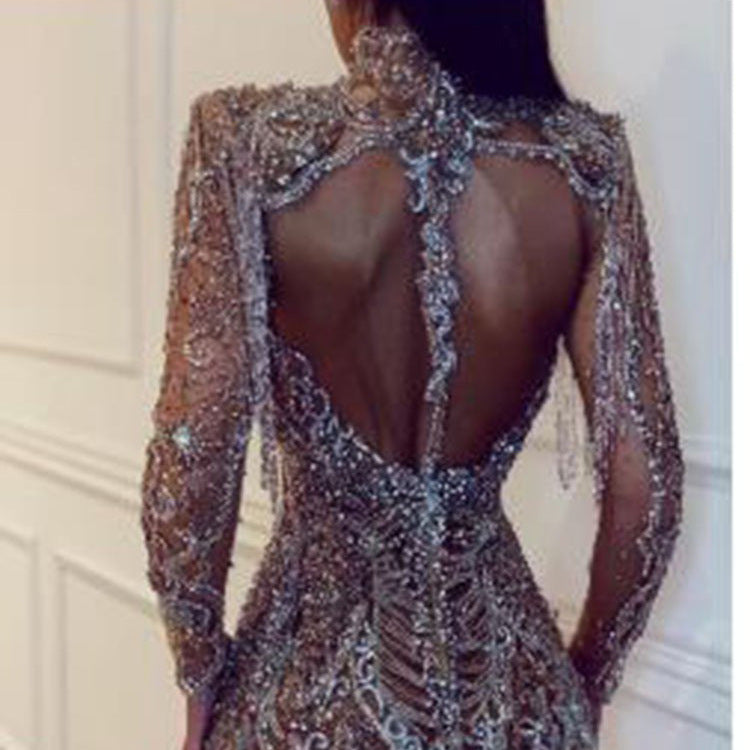 Damen Glamouröses Pailletten-Minikleid mit hochgeschlossenem Design und transparenten Ärmeln Heidi-Mode