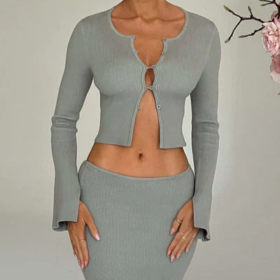 Damen Strick Set mit tiefem Ausschnitt und ausgestellten Ärmeln Heidi-Mode