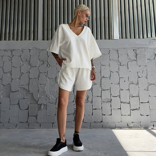 Damen lässiges Sport-Set mit V-Ausschnitt und weitem Schnitt Heidi-Mode