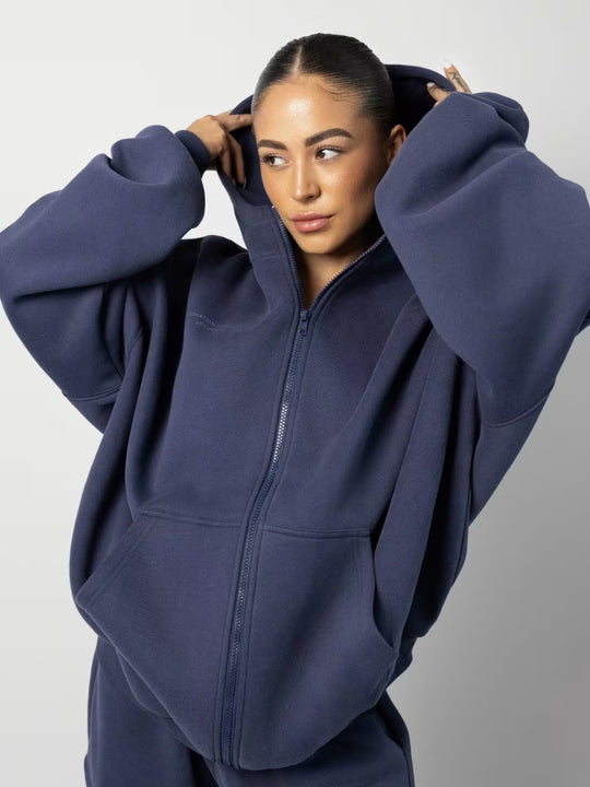 Damen oversized Fleece-Hoodie mit lässigem Reißverschluss und Kängurutaschen Heidi-Mode