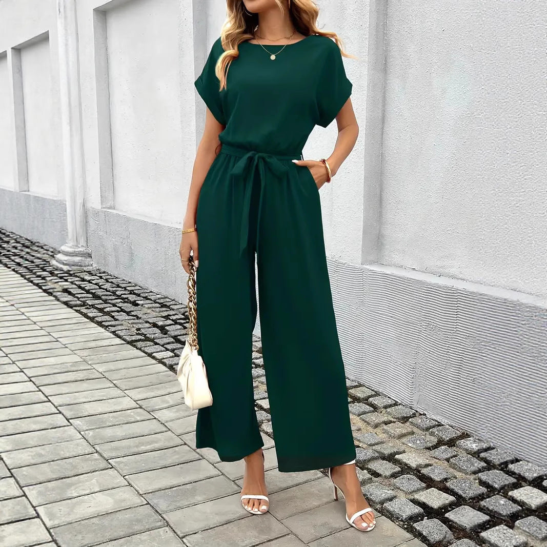 Damen Eleganter Jumpsuit mit weitem Bein und Taillenknoten Heidi-Mode