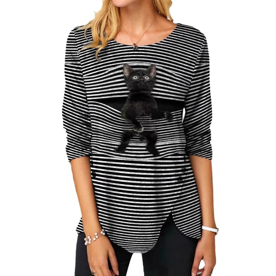 Damen lässige T-Shirt mit Katzenmotiv Heidi-Mode