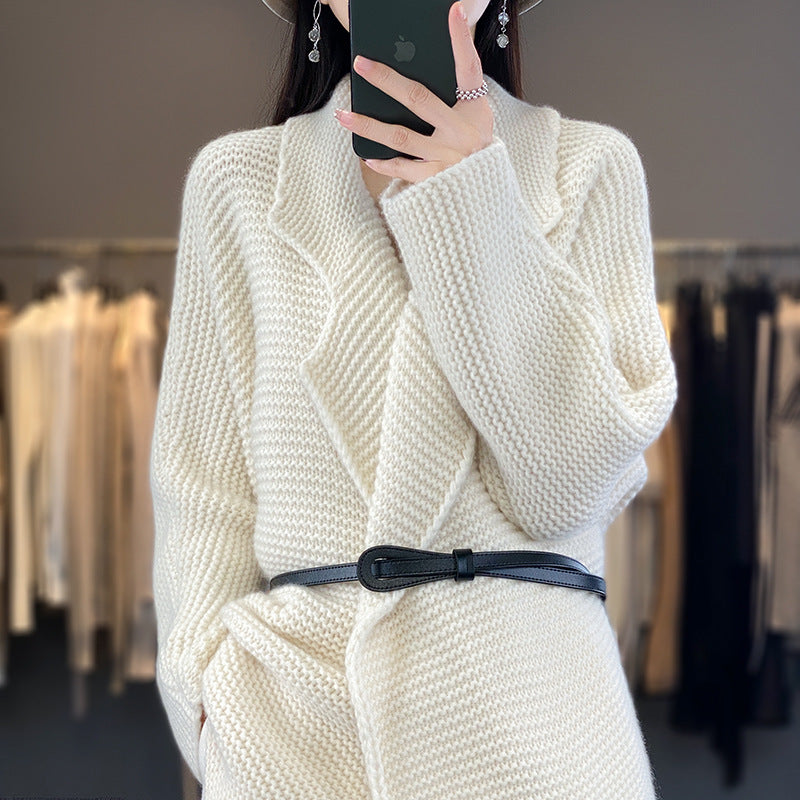 Damen Grobstrick Cardigan mit eleganten Revers und Taillengürtel Heidi-Mode