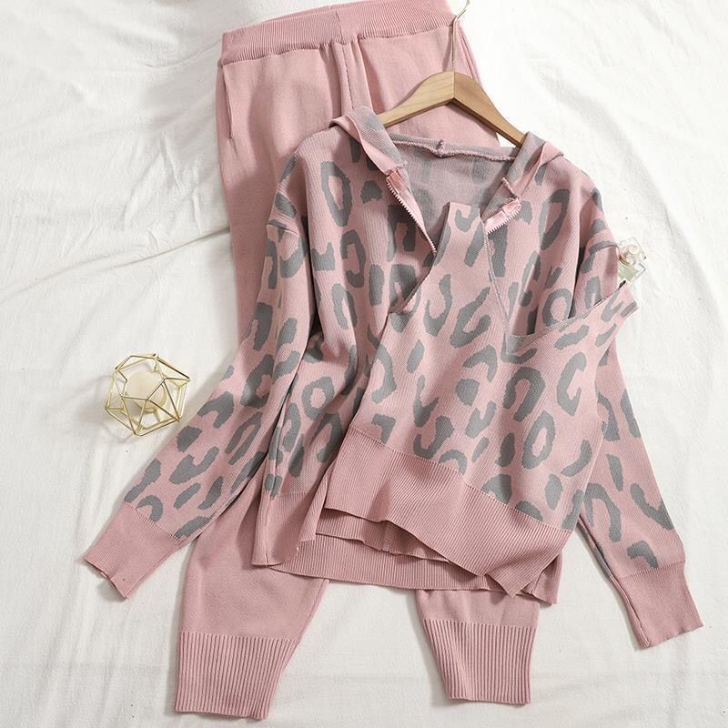 Damen lässiges Hoodie- und Jogginganzug-Set mit Leopardenmuster Heidi-Mode
