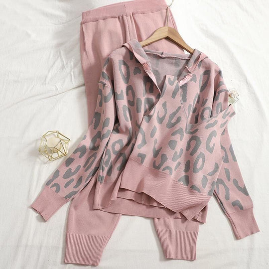 Damen lässiges Hoodie- und Jogginganzug-Set mit Leopardenmuster Heidi-Mode