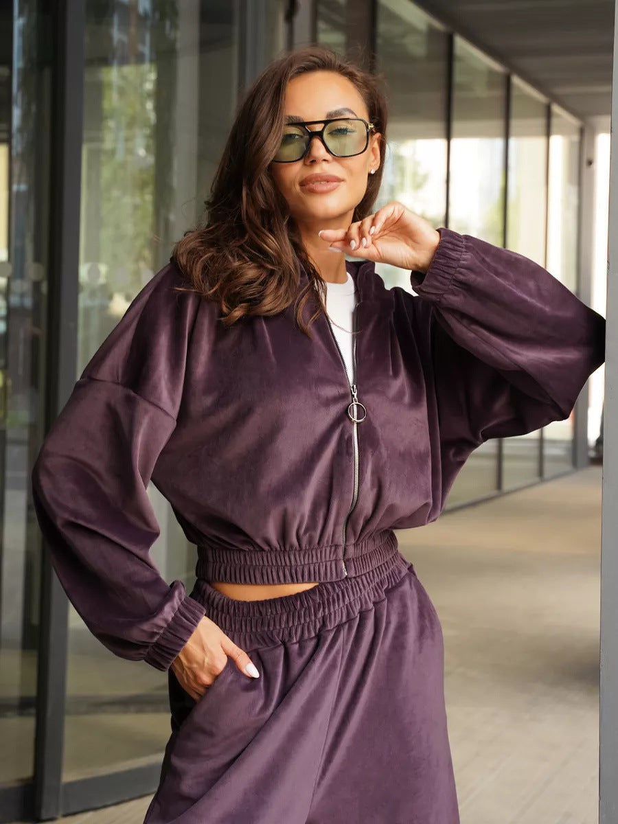 Damen Sportliche Velours-Jacke mit modernem Reißverschluss und elastischem Bund Heidi-Mode