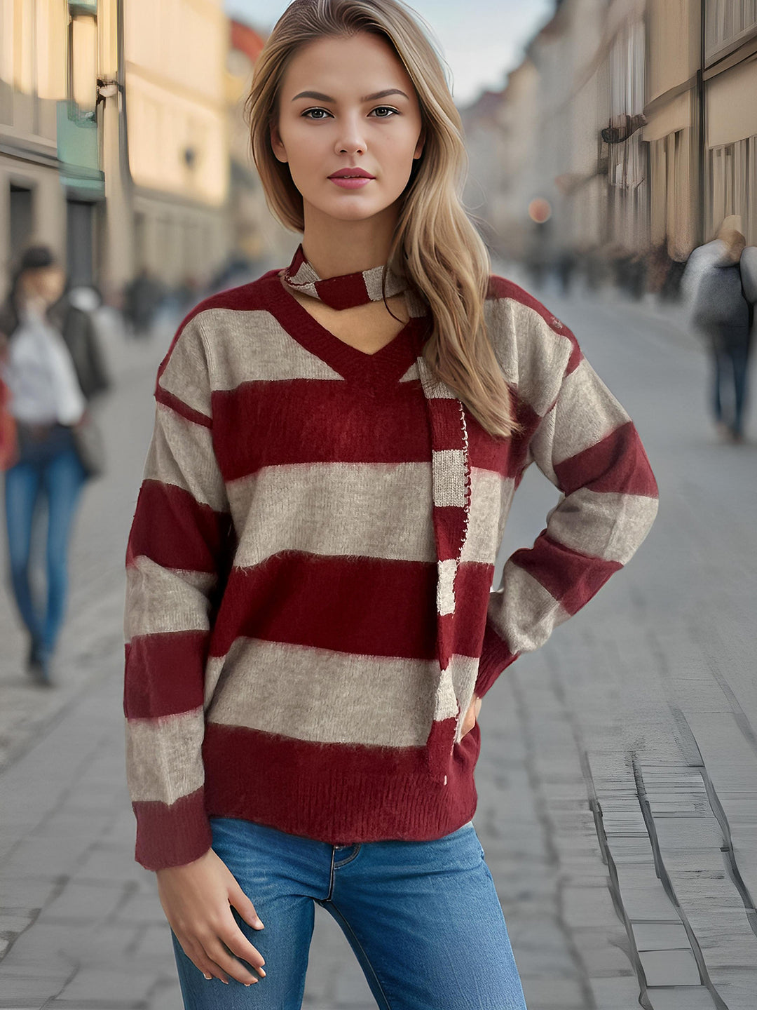 Damen lässiger Strickpullover mit modernem Streifenmuster und dekorativem Schal Heidi-Mode