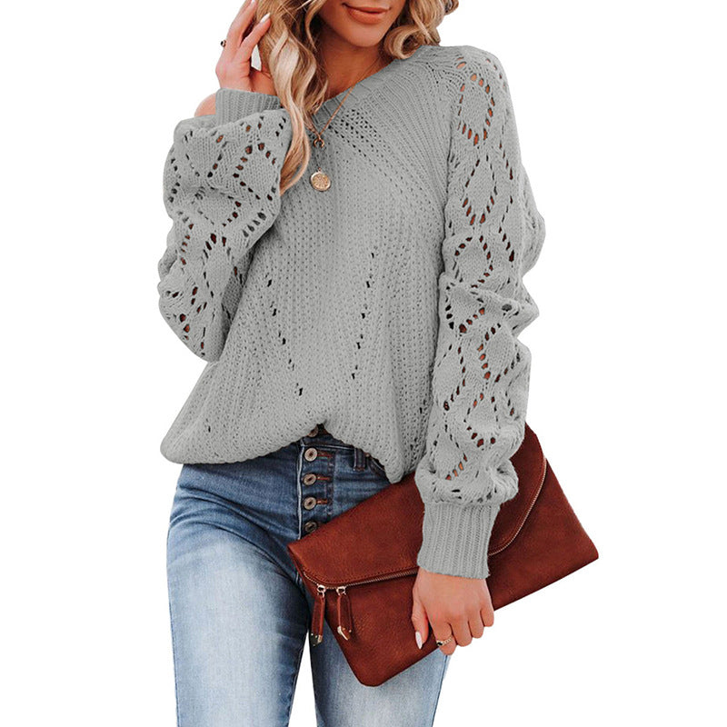 Damen Strickpullover mit romantischem Häkelmuster und voluminösen Ärmeln Heidi-Mode