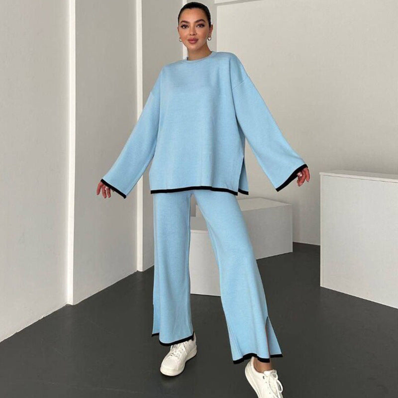 Damen lässiger Strickanzug mit weitem Schnitt und seitlichen Schlitzen Heidi-Mode