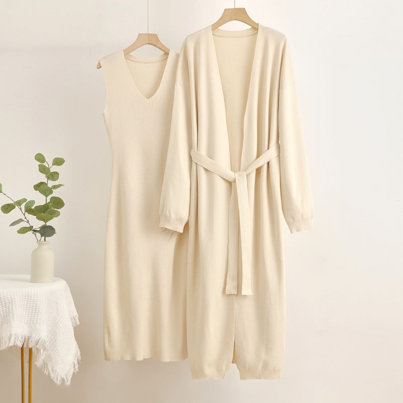 Damen 2-teiliges Kleid und Cardigan-Set mit V-Ausschnitt Heidi-Mode
