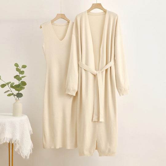 Damen 2-teiliges Kleid und Cardigan-Set mit V-Ausschnitt Heidi-Mode