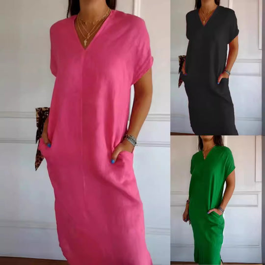 Damen luftiges Leinenkleid mit praktischen Seitentaschen Heidi-Mode