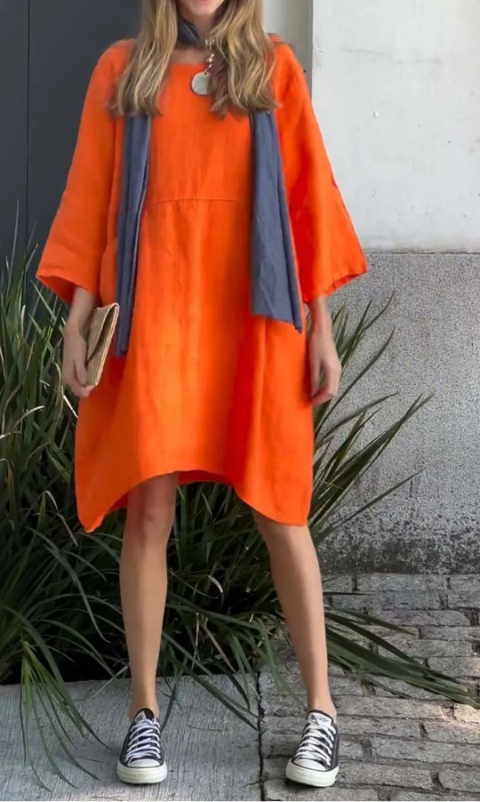 Damen lässiges Leinenkleid mit praktischen Taschen und asymmetrischem Saum Heidi-Mode