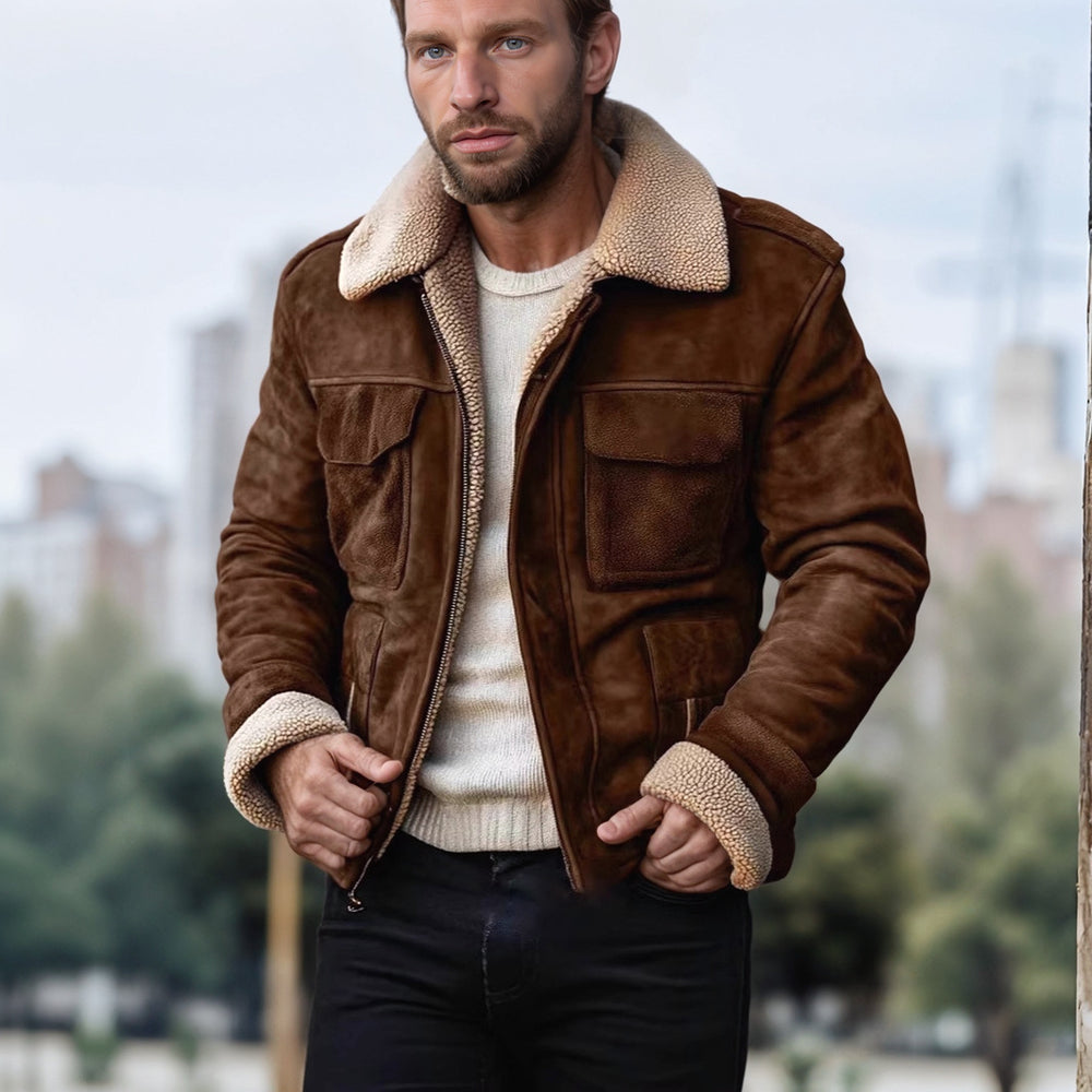 Herren Lederjacke mit warmem Sherpa-Futter und praktischen Taschen Heidi-Mode