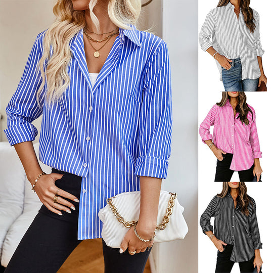 Damen gestreifte Bluse mit klassischem Kragen und lässigem Schnitt Heidi-Mode