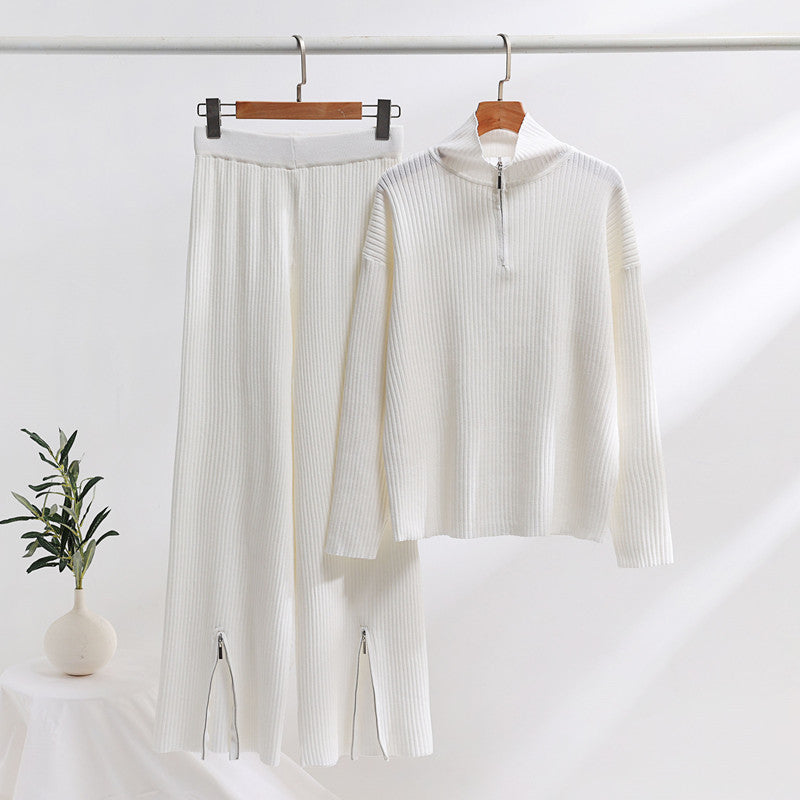 Damen lässiges Strickensemble mit hohem Kragen und seitlichen Schlitzen Heidi-Mode