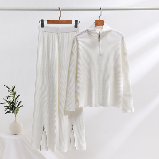 Damen lässiges Strickensemble mit hohem Kragen und seitlichen Schlitzen Heidi-Mode