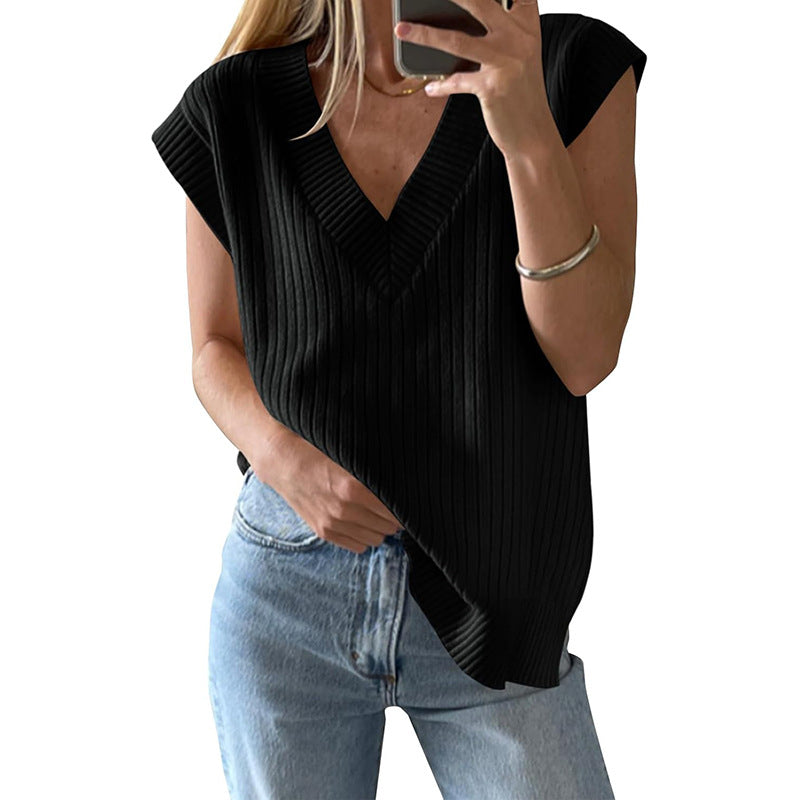 Damen lässiges V-Ausschnitt Oberteil aus Rippstrickmaterial Heidi-Mode