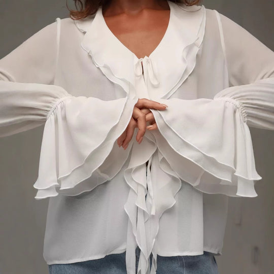 Damen leichtes Chiffon-Blusenshirt mit Rüschen und Kordelzug Heidi-Mode