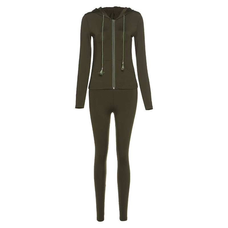Damen Sportliches Zweiteiler-Set mit Kapuzenjacke und enganliegenden Leggings Heidi-Mode