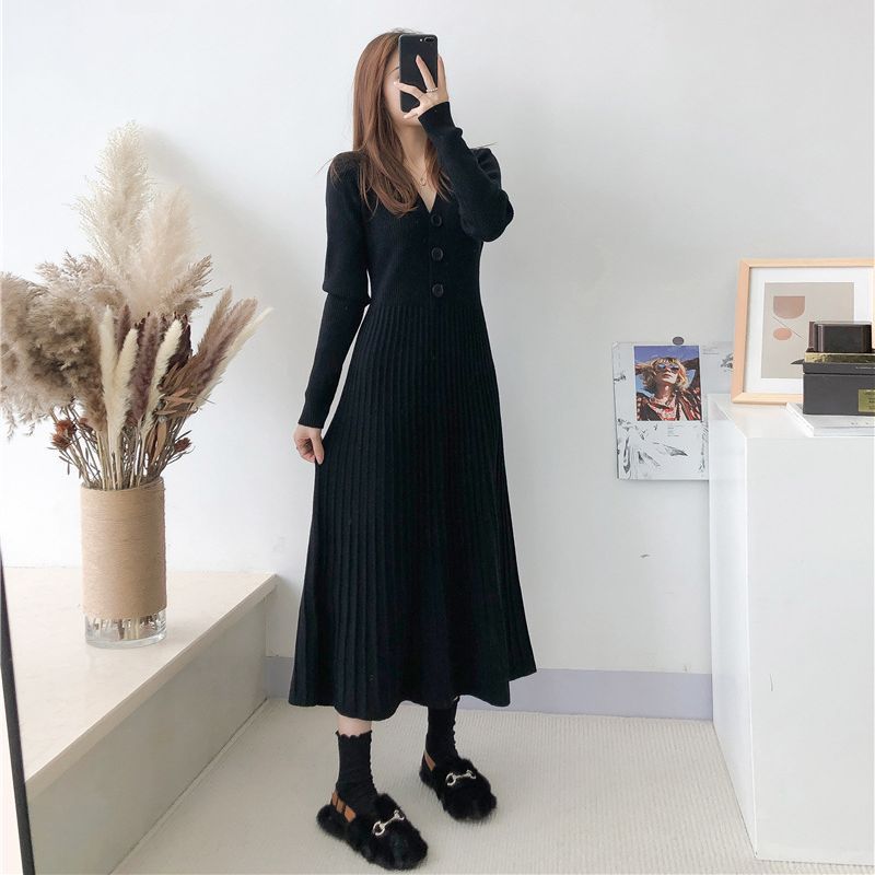 Damen Strickkleid mit Knopfverschluss und gerippter Struktur Heidi-Mode