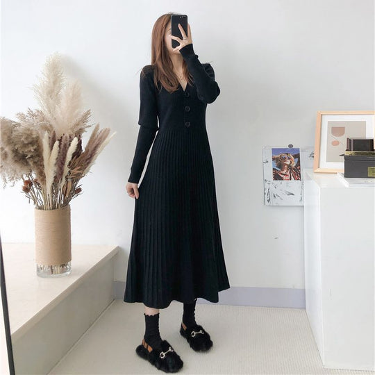 Damen Strickkleid mit Knopfverschluss und gerippter Struktur Heidi-Mode