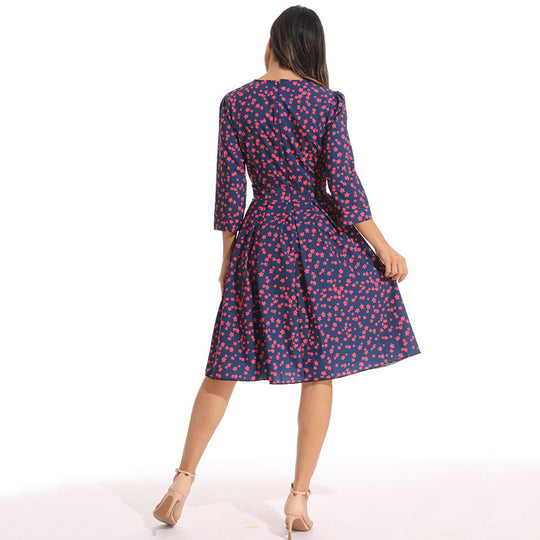 Damen elegantes Midikleid mit floralem Muster und schwingendem Rock Heidi-Mode