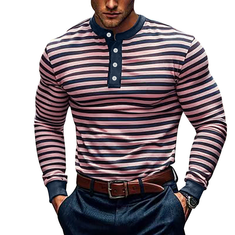 Herren Langarm-Henley-Shirt mit strukturiertem Streifenmuster und modernem Kragen Heidi-Mode