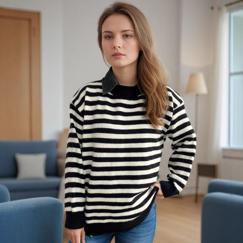 Damen lässiger Pullover mit strukturellem Streifenmuster und modischem Kragen Heidi-Mode