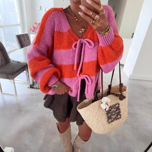 Damen lockere Strickjacke mit breiten Streifen und Bindegürtel Heidi-Mode