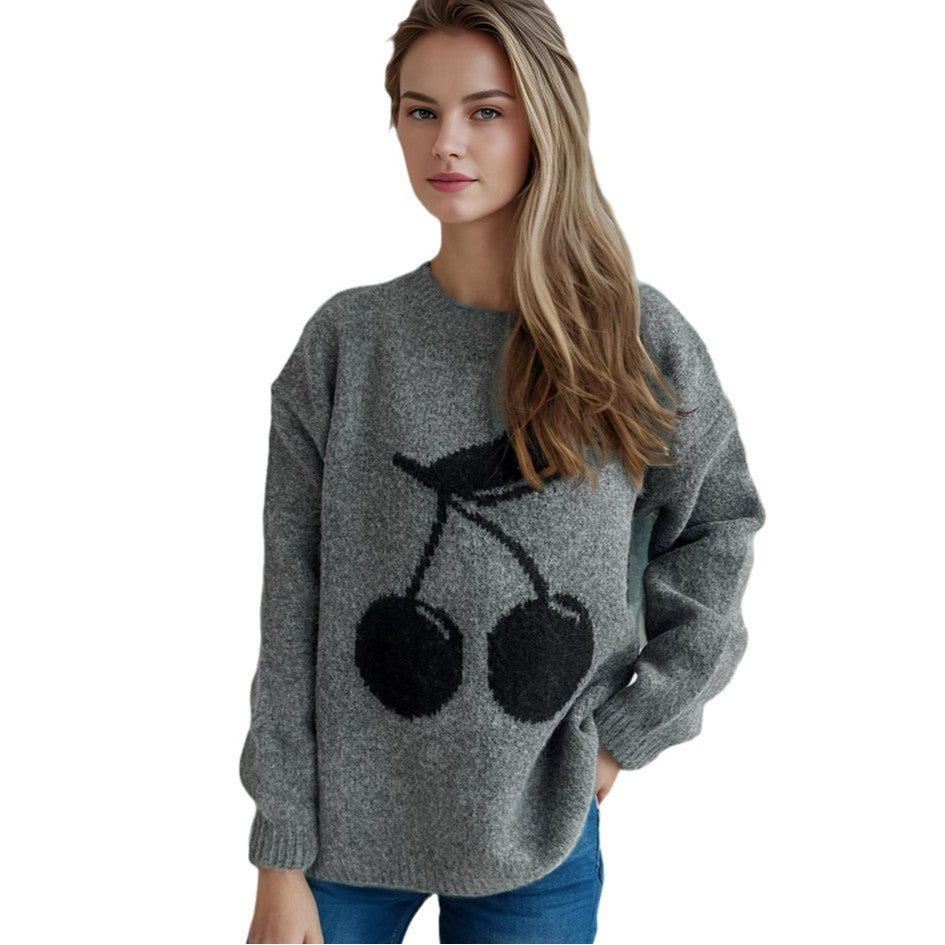 Damen Pullover mit verspieltem Kirschmotiv und weichem Strick Heidi-Mode