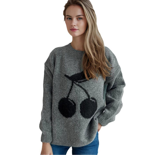 Damen Pullover mit verspieltem Kirschmotiv und weichem Strick Heidi-Mode