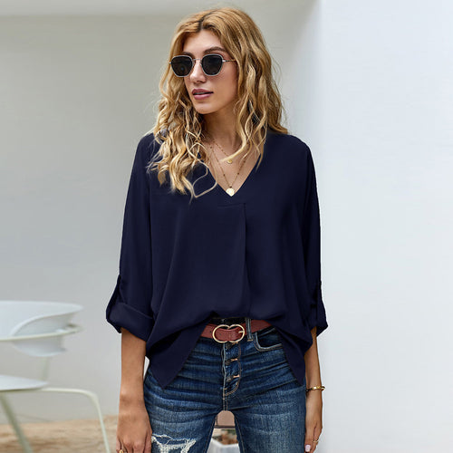 Damen Bluse mit V-Ausschnitt und lässigen langen Ärmeln Heidi-Mode