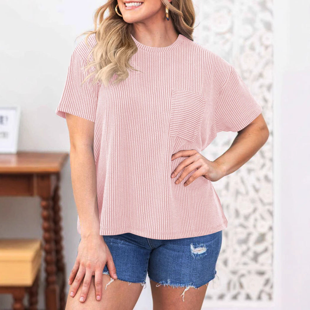 Damen lässiges gestreiftes T-Shirt mit Brusttasche Heidi-Mode