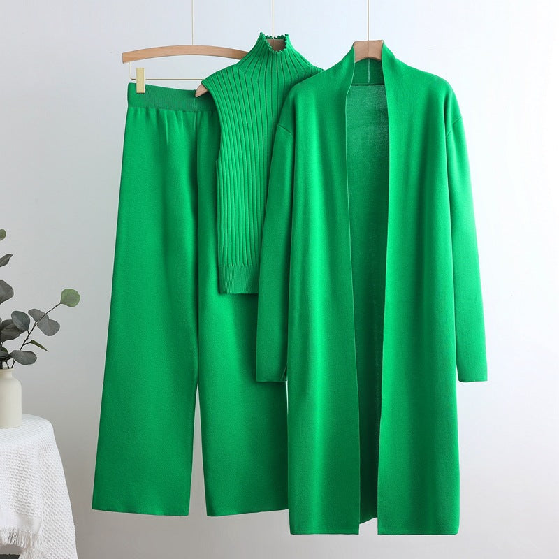 Damen gemütliches Strick-Loungewear-Set mit langem Cardigan und Rippenshirts Heidi-Mode