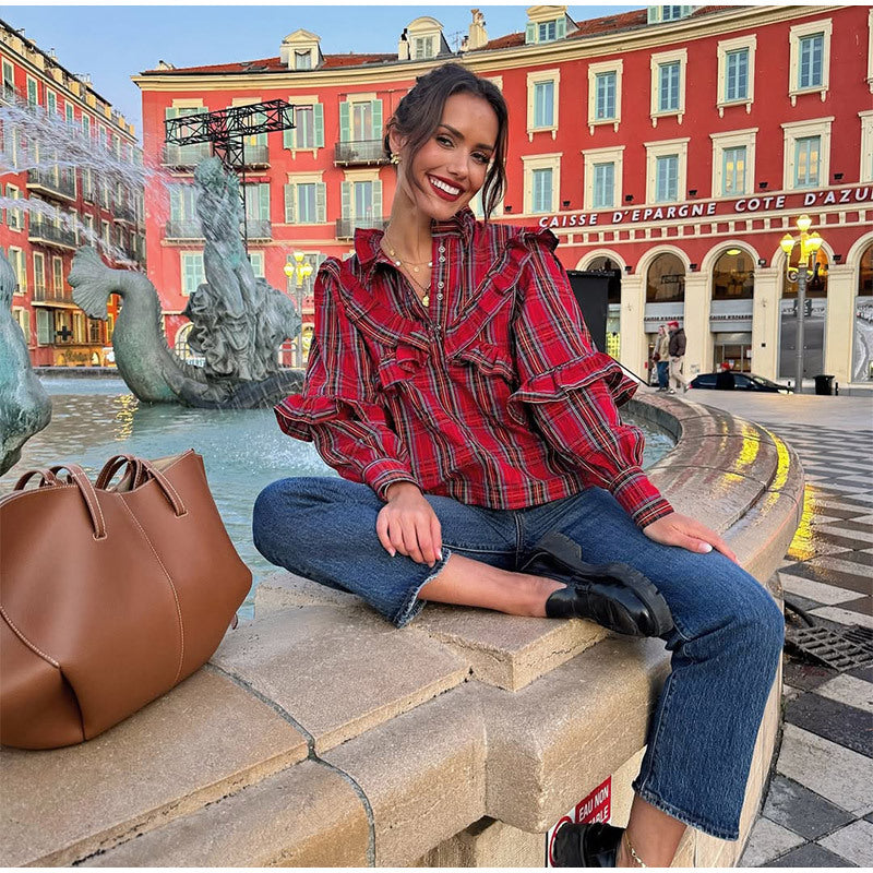 Damen Hemdbluse mit Rüschendetails und Karomuster Heidi-Mode
