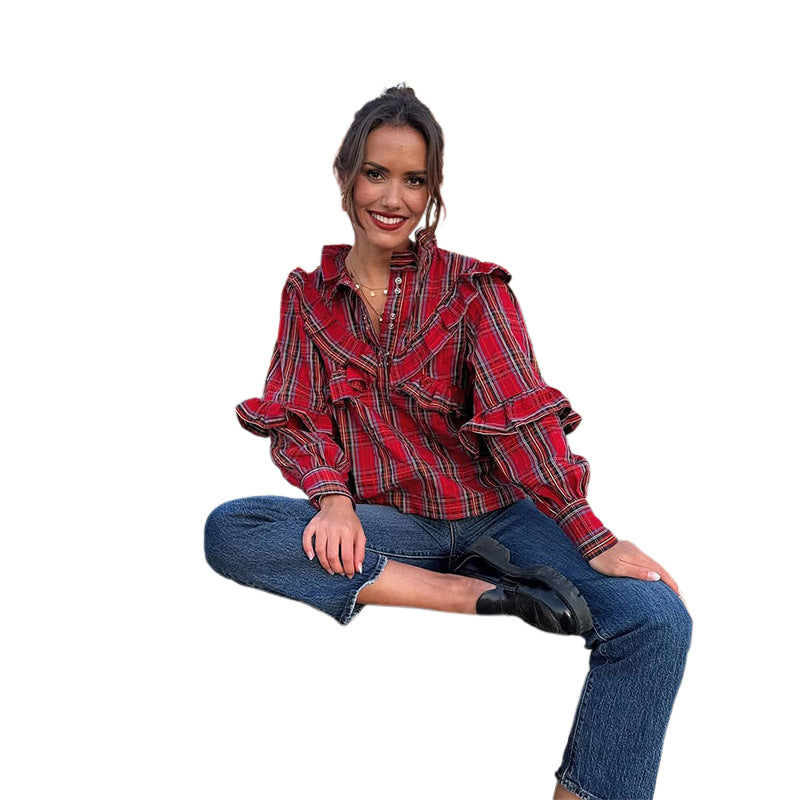 Damen Hemdbluse mit Rüschendetails und Karomuster Heidi-Mode