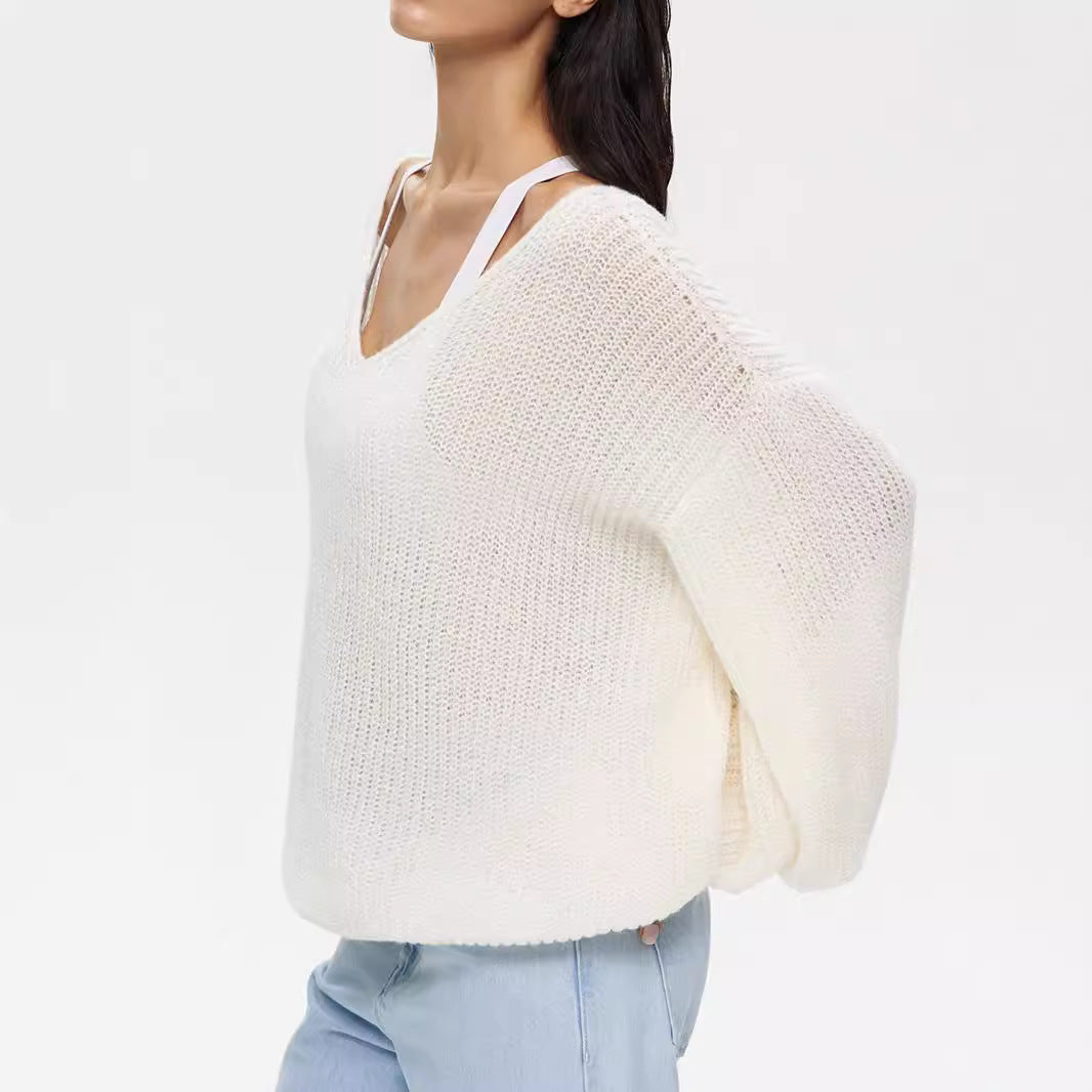 Damen lässiger Strickpullover mit weiten Ärmeln und tiefem V-Ausschnitt Heidi-Mode