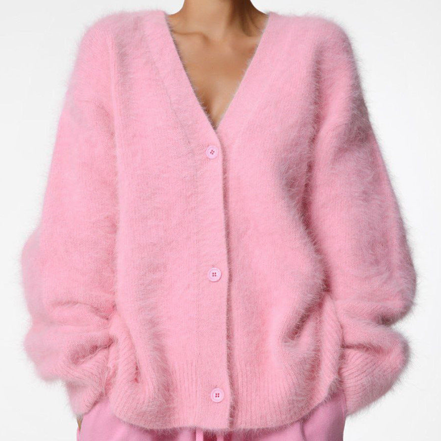 Damen kuschelige Strickjacke mit weichem Mohair-Mix und eleganter Knopfleiste Heidi-Mode