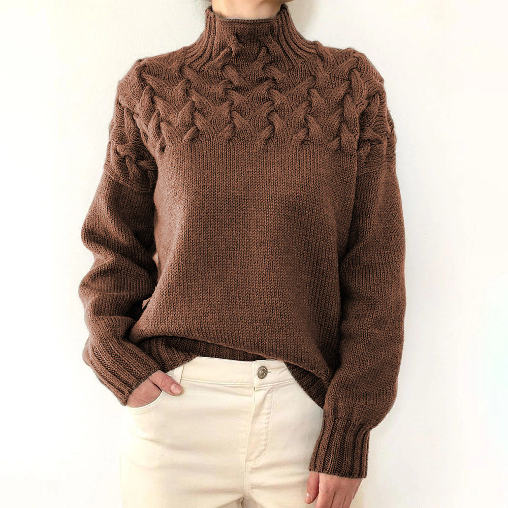 Damen Strickpullover mit hochgeschlossenem Kragen und trendigem Zopfmuster Heidi-Mode