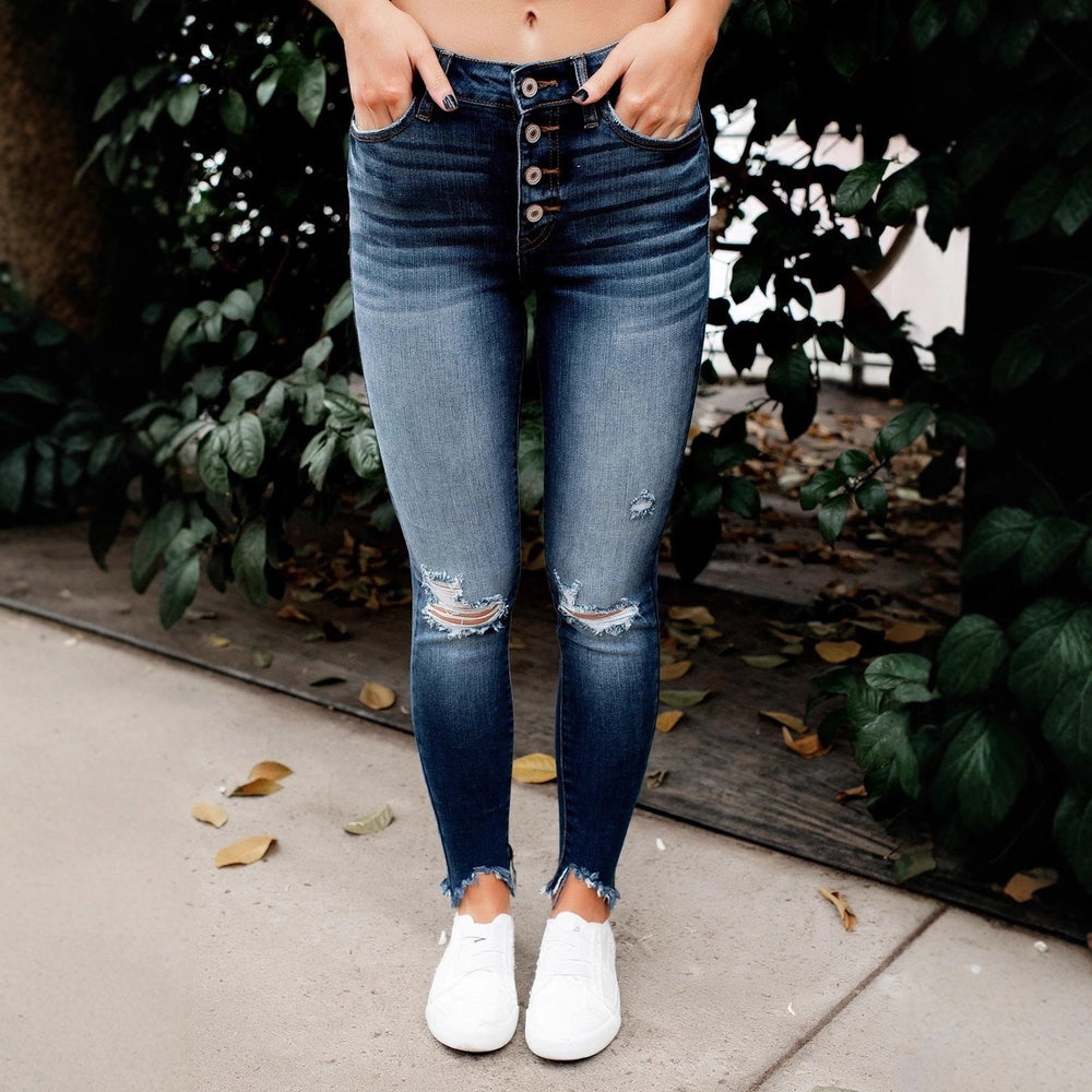 Damen Skinny Jeans mit Button-Fly und modischen Destroyed-Details Heidi-Mode