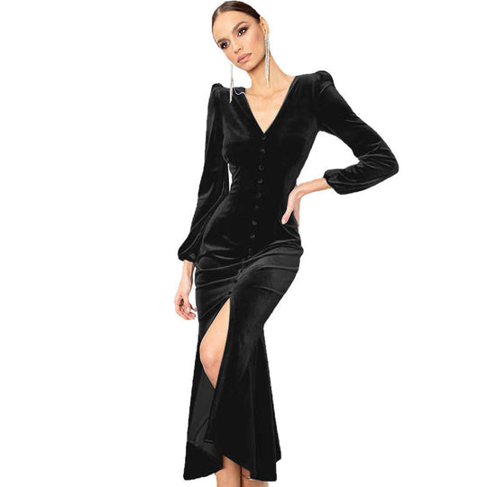 Damen Elegantes Samtkleid mit V-Ausschnitt und Puffärmeln Heidi-Mode