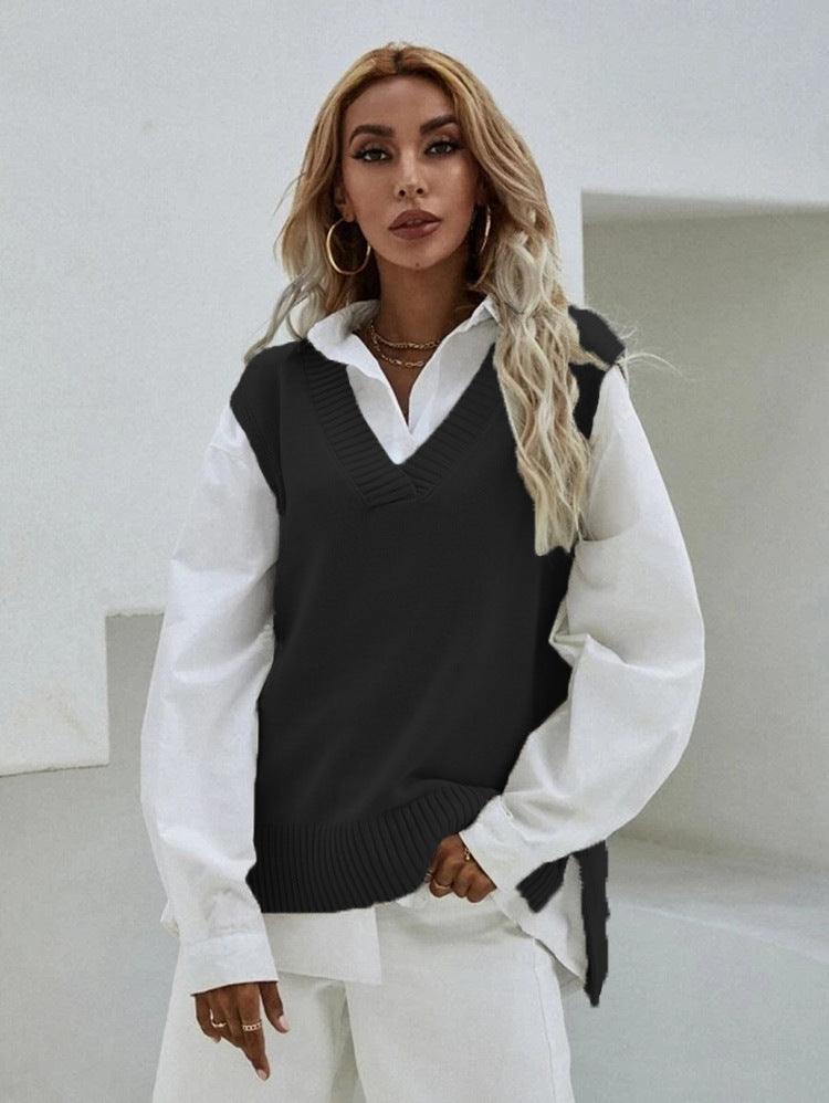 Damen Strickweste mit V-Ausschnitt und eleganter Rippenstruktur Heidi-Mode