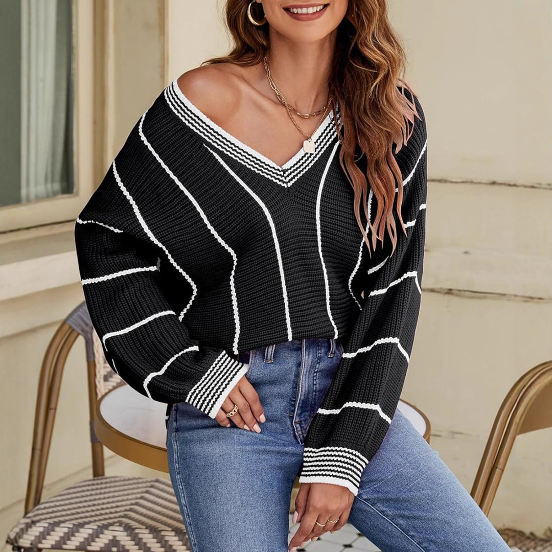 Damen lässiger V-Ausschnitt Pullover mit Streifenmuster Heidi-Mode