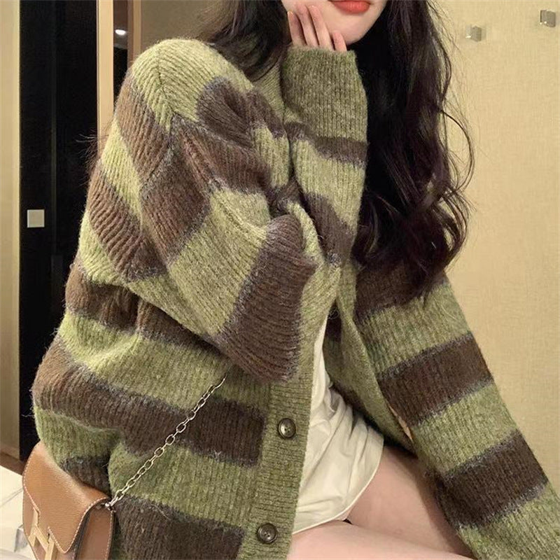 Damen Grobstrickjacke mit modischem Streifenmuster und lässigem Schnitt Heidi-Mode