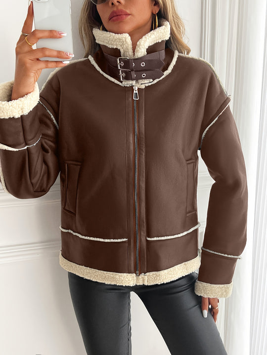Damen stylische Kunstlederjacke mit Schaffellkragen Heidi-Mode